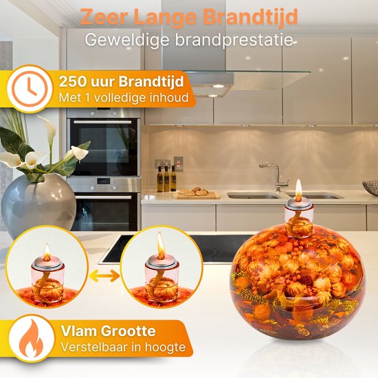 Round glass oil lamp with dried flower decoration, alternate view