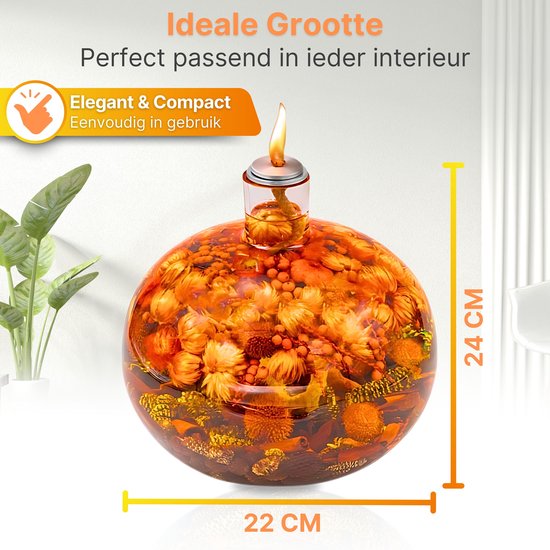 Round refillable glass oil lamp with dried flower decoration, cozy home decor styling