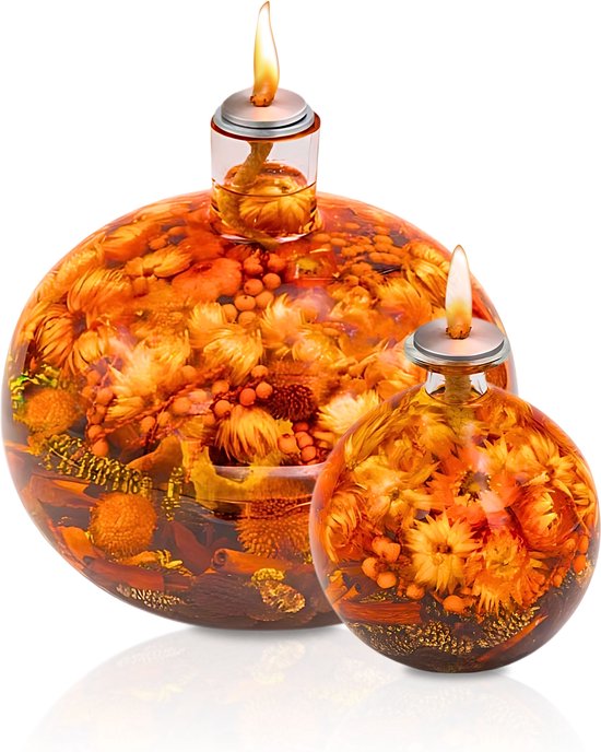 Refillable glass oil lamp with orange dried flowers, alternate detail view