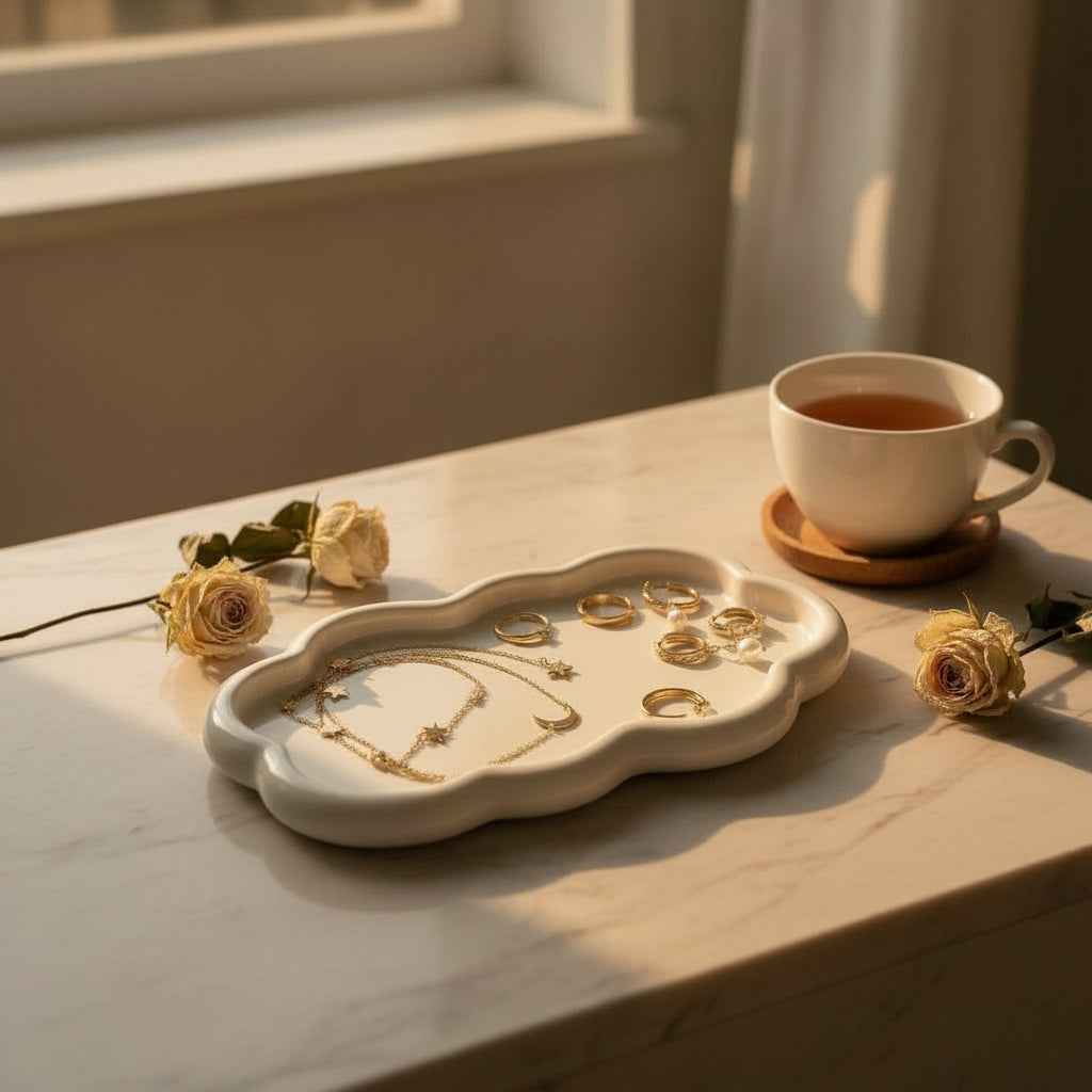 Soft Cloud Wavy Tray, handmade porcelain plaster tray with a flowing wavy shape