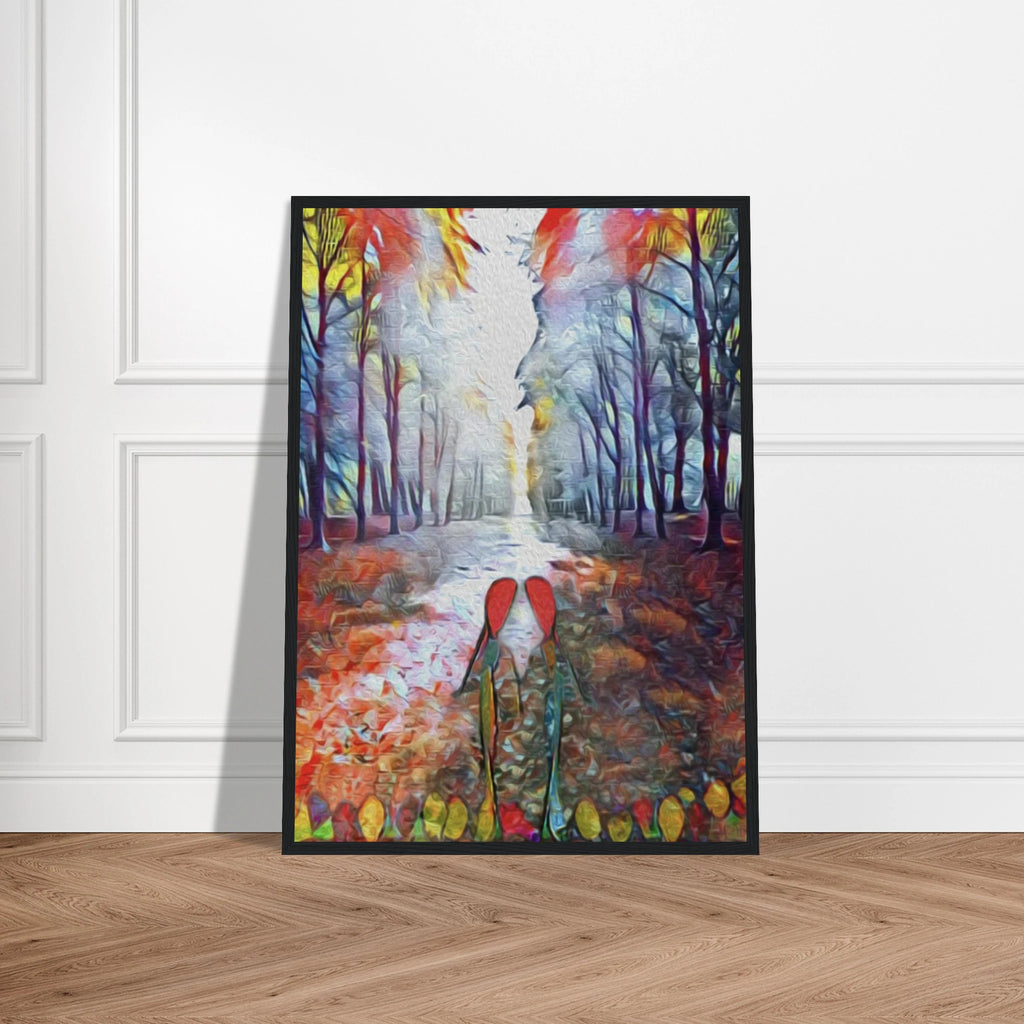 ‘Autumn Love’ framed fine art print displayed on a wooden floor