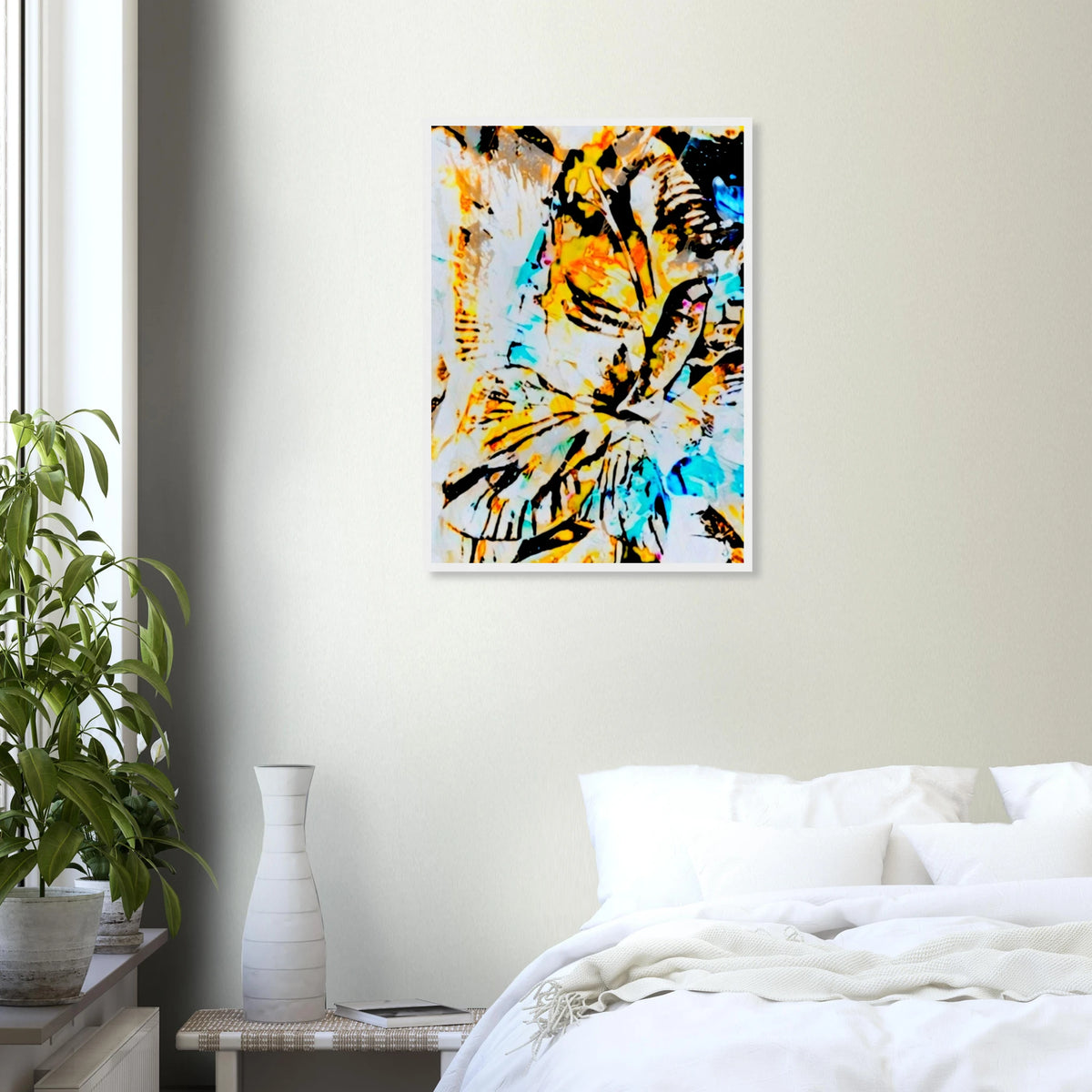 'Eyes on you' colourful art print above the bed in a bedroom