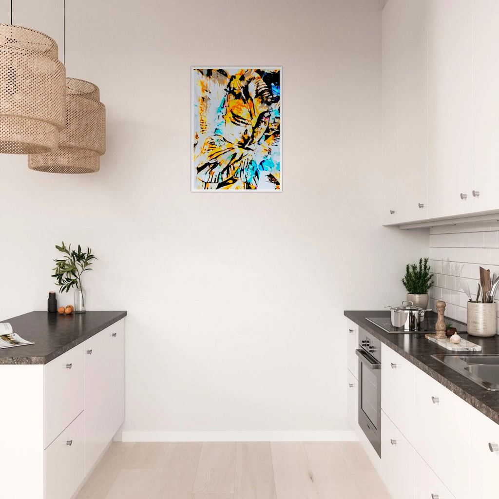 'Eyes on you' colourful fine art print on the wall of a kitchen