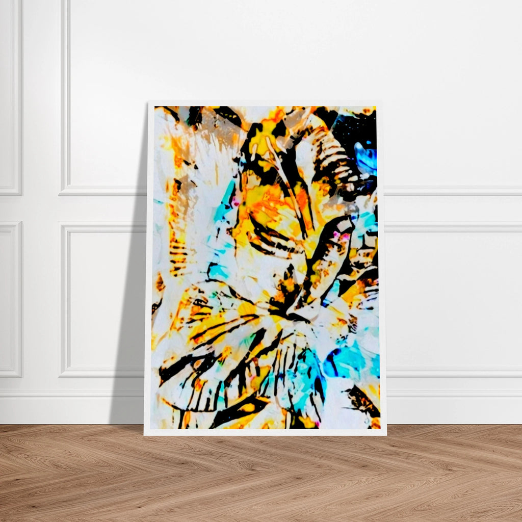 'Eyes on you' framed fine art print standing on a wooden floor in a living room