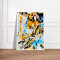 'Eyes on you' framed fine art print standing on a wooden floor in a living room