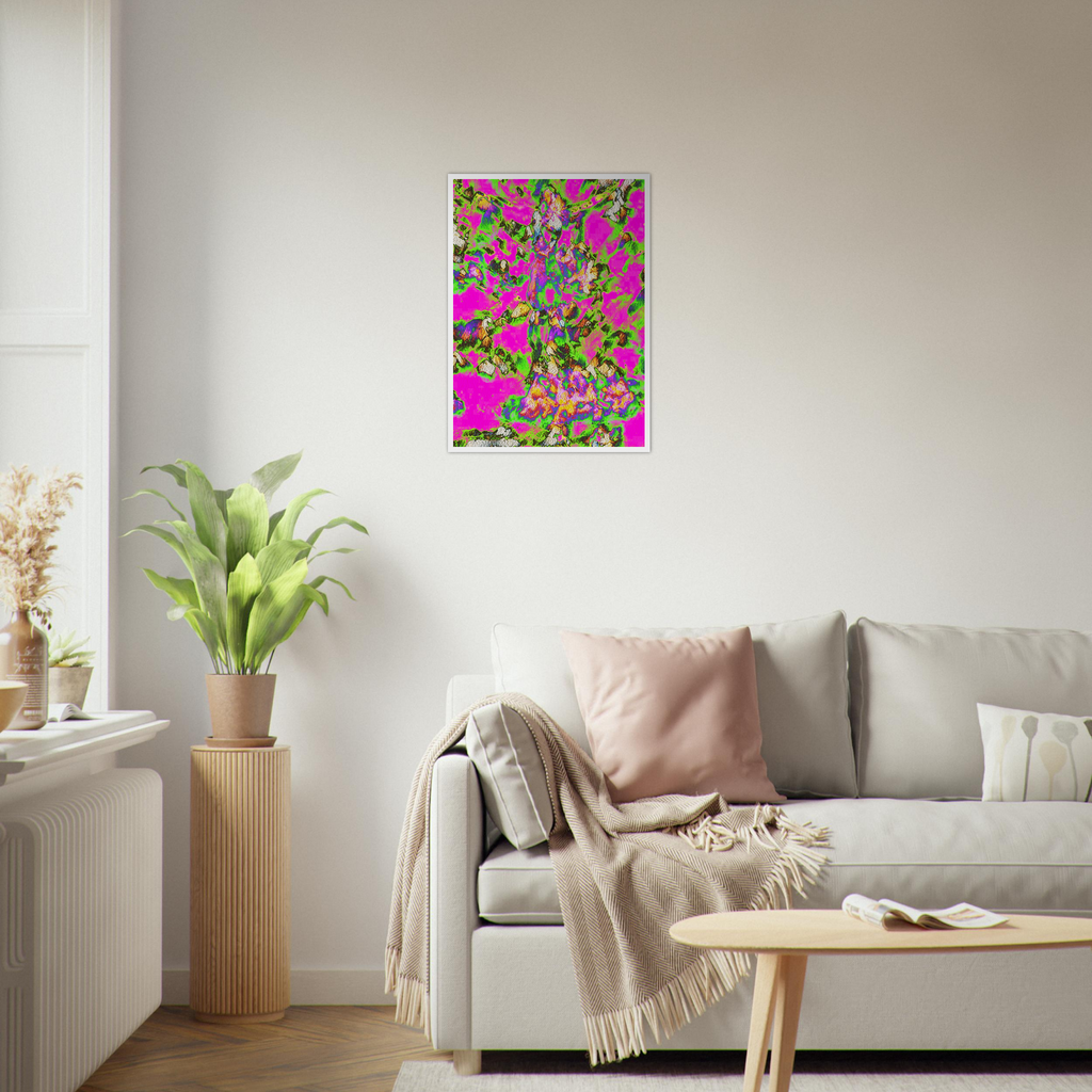 Framed 'Between' fine art print above an armchair.