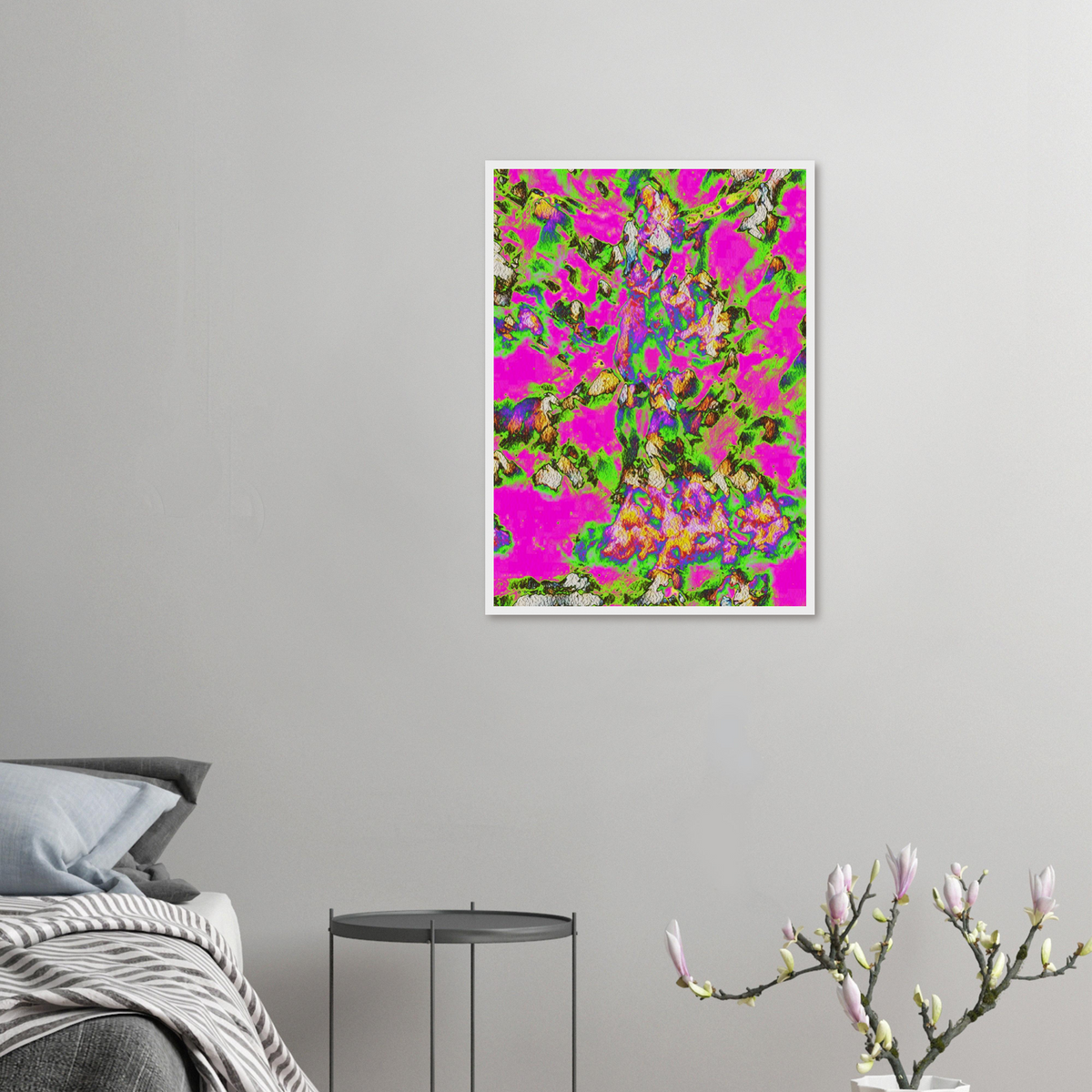 Framed 'Between' fine art print in a bedroom.