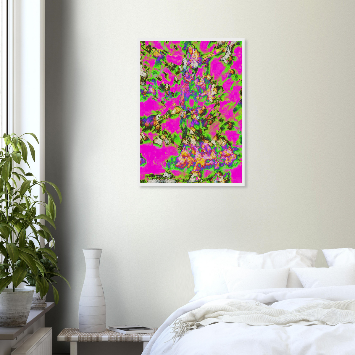 Framed 'Between' fine art print in a bedroom.
