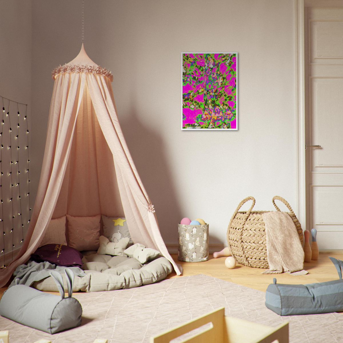 Framed 'Between' fine art print in a child's room.