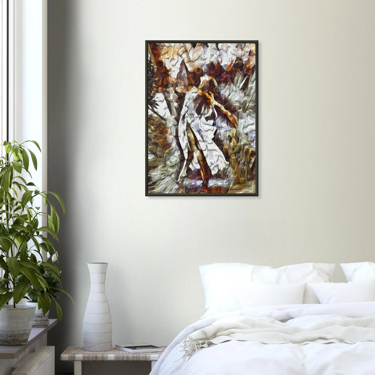 Framed 'Wind of Change' fine art print in a bedroom.