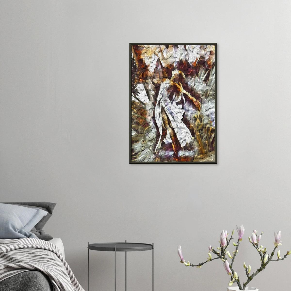 Framed 'Wind of Change' fine art print in a bedroom.
