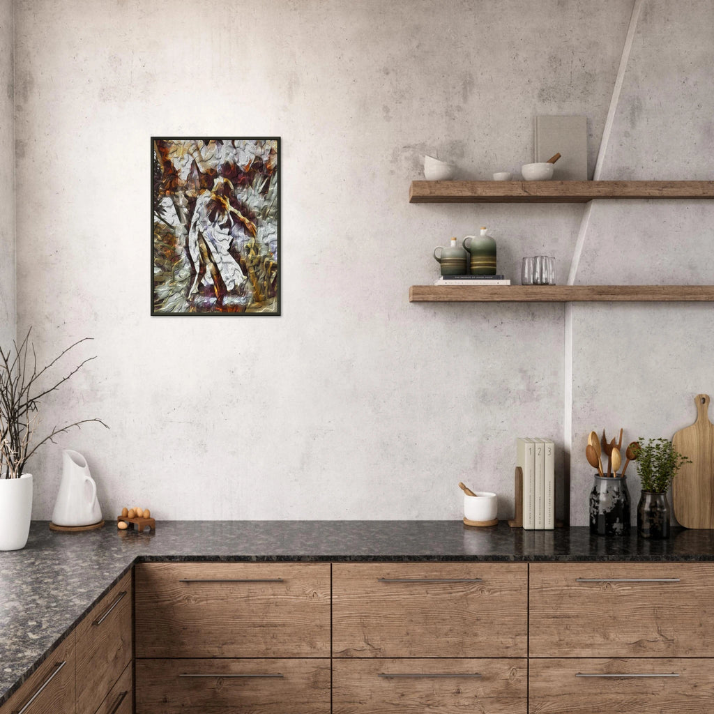 Framed 'Wind of Change' fine art print in a kitchen.