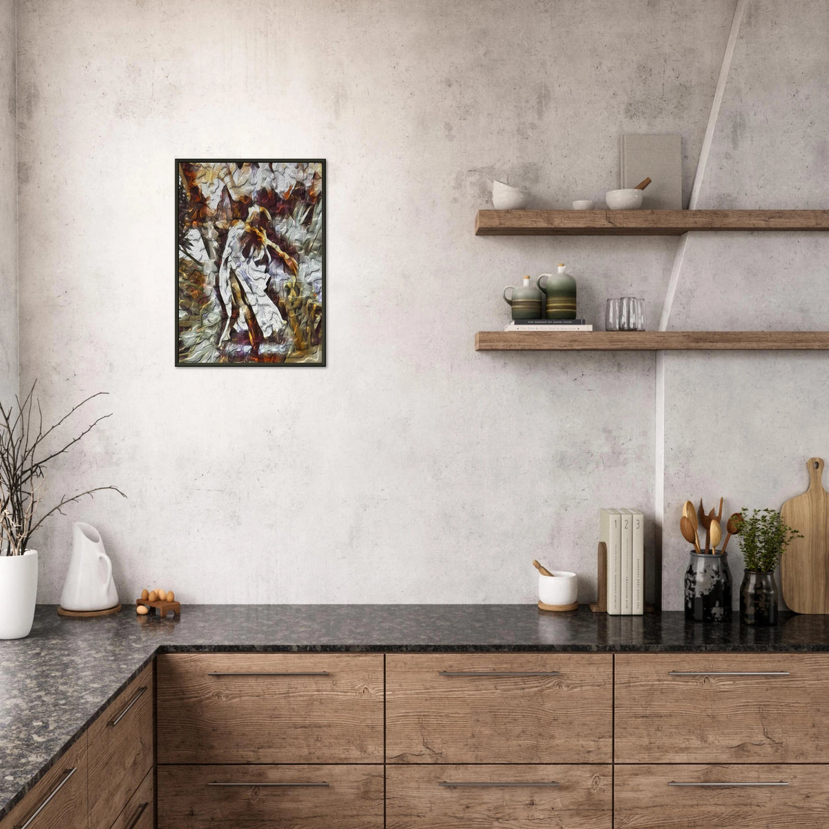Framed 'Wind of Change' fine art print in a kitchen.