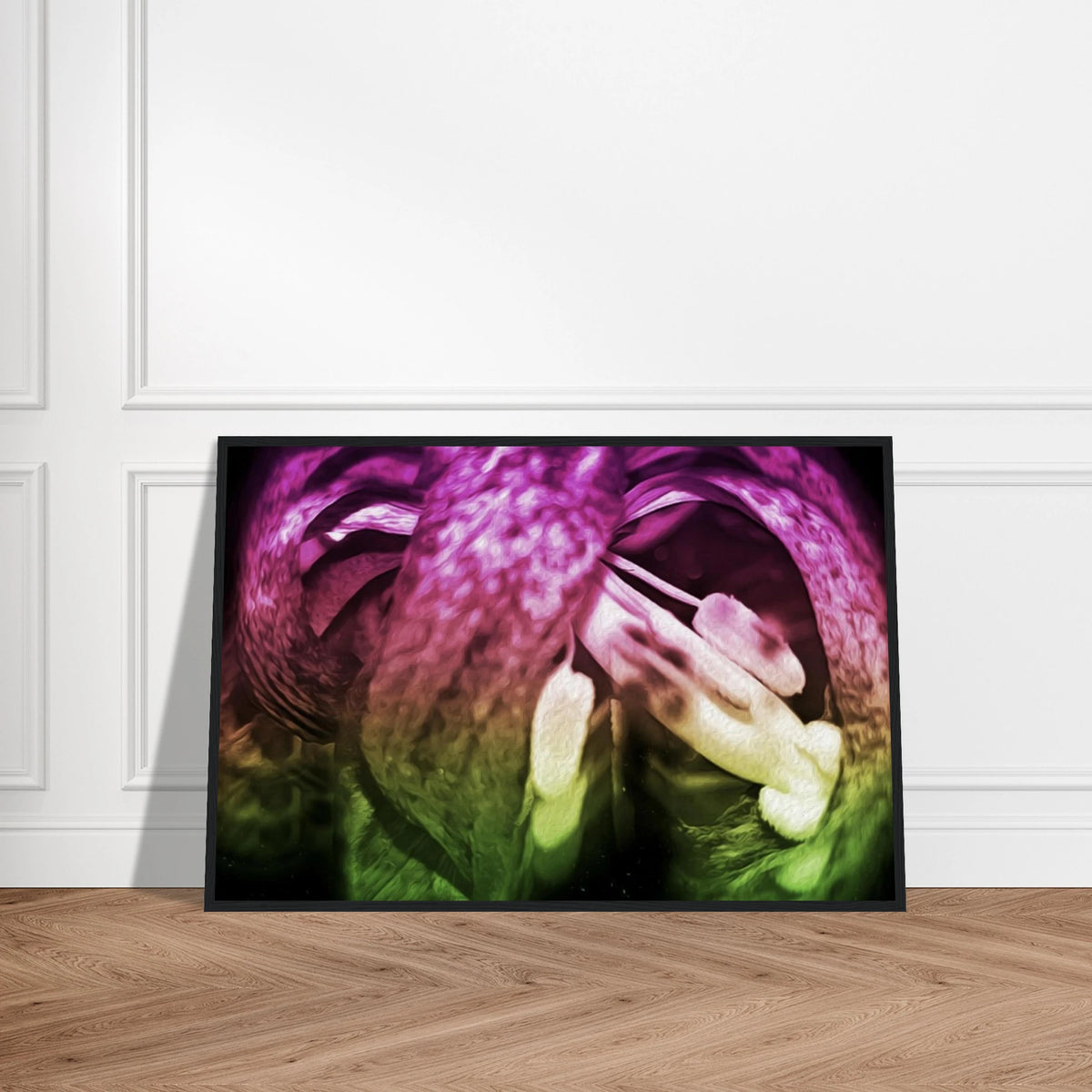 'Galaxy' framed fine art print displayed on a wooden floor