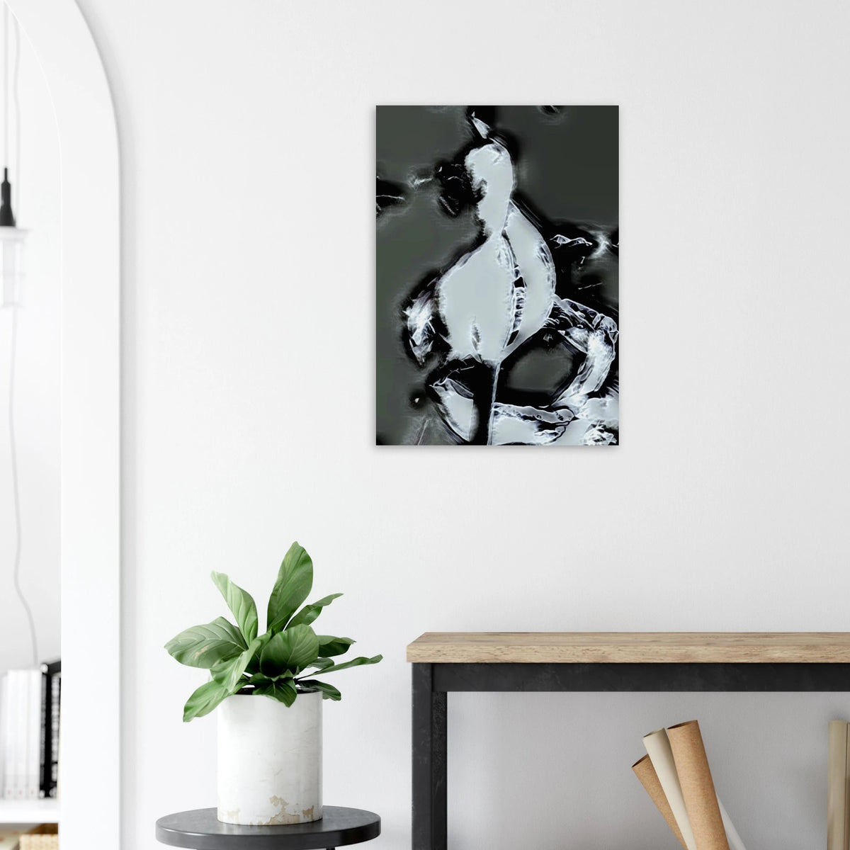  'ICEY' fine art giclée poster above a side table