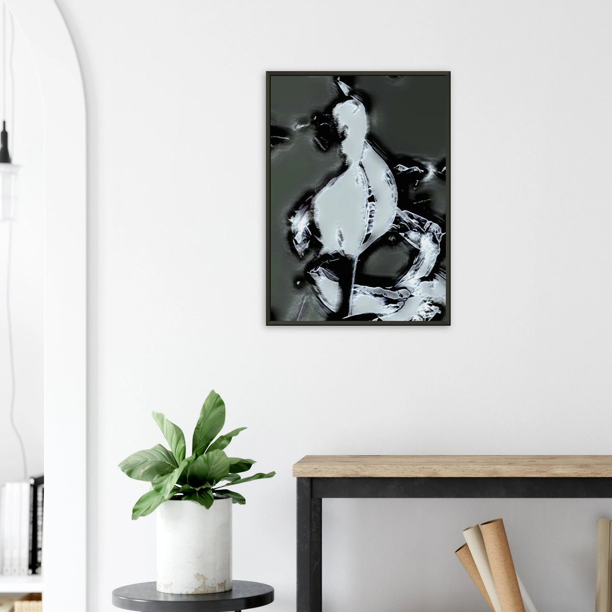 'ICEY' framed fine art giclée print above a side table