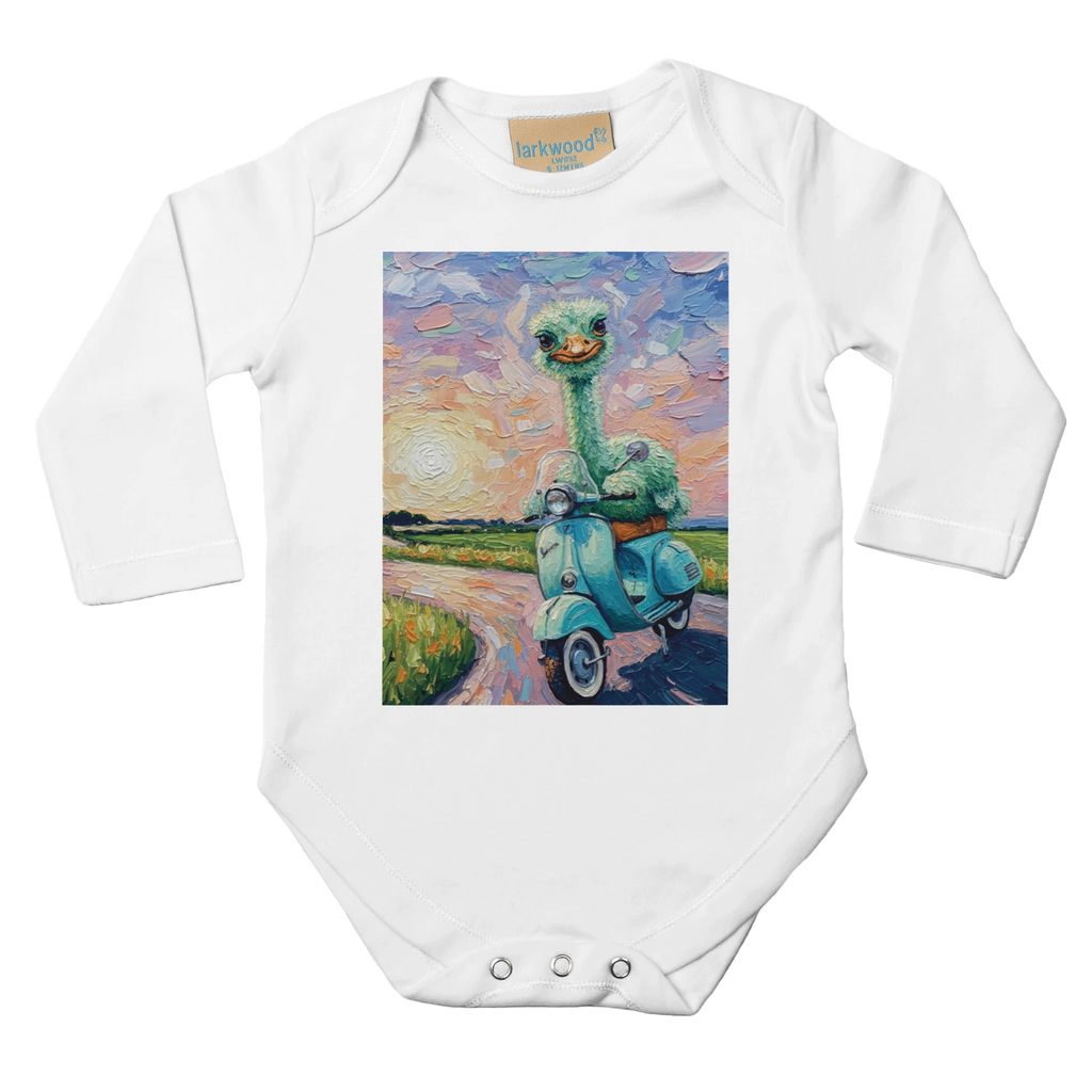 White baby bodysuit with long sleeves and 'Joy' Moon on Tour design, main product view