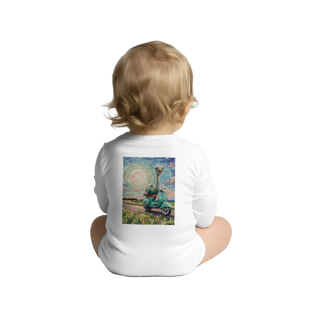 'Joy' white baby bodysuit with long sleeves, back view
