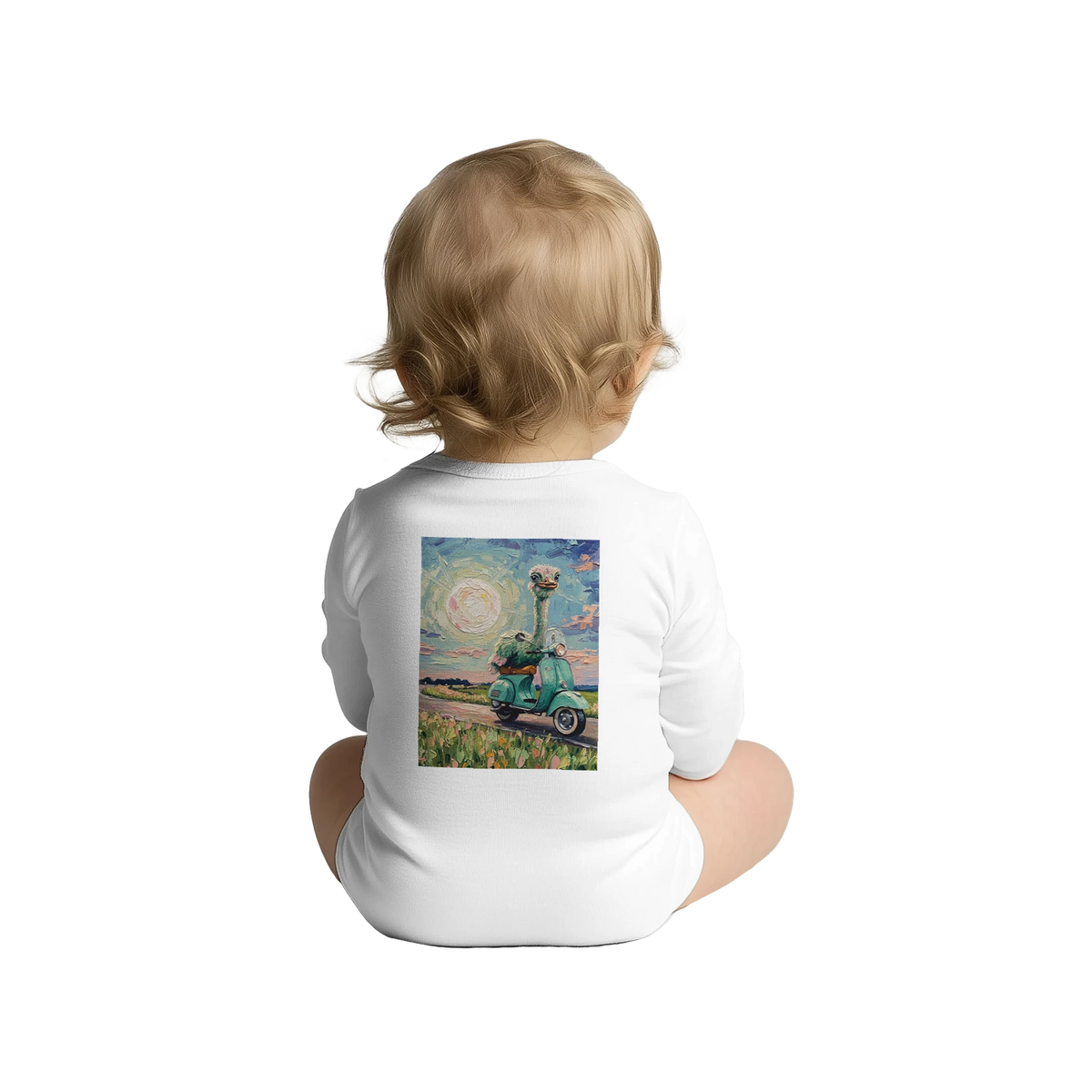 'Joy' white baby bodysuit with long sleeves, back view