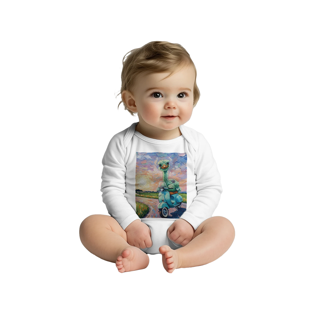 'Joy' white baby bodysuit with long sleeves, front view