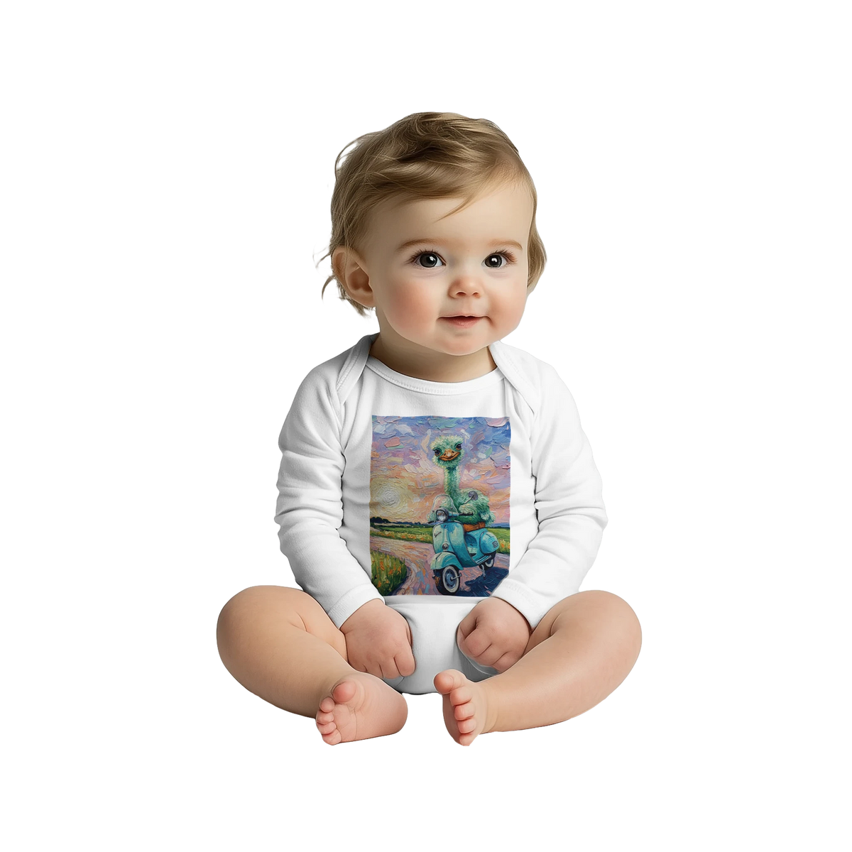 'Joy' white baby bodysuit with long sleeves, front view