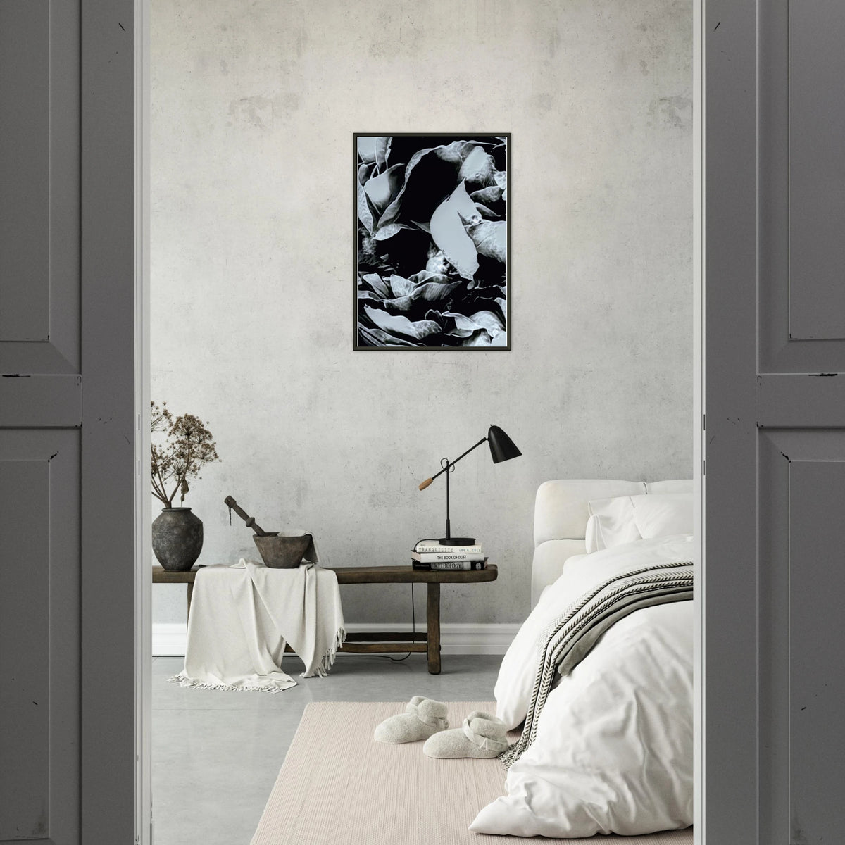 'LABYRINTH II' framed fine art print hanging in a calm bedroom