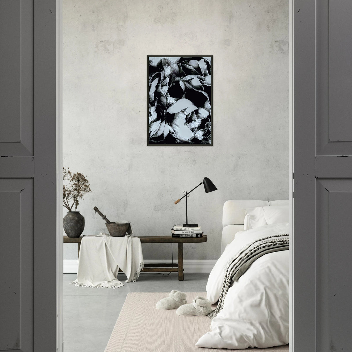 'LABYRINTH' framed fine art print hanging in a calm bedroom