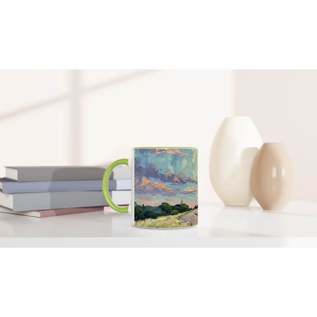 'MOON ON TOUR' white ceramic mug with color inside on a side table