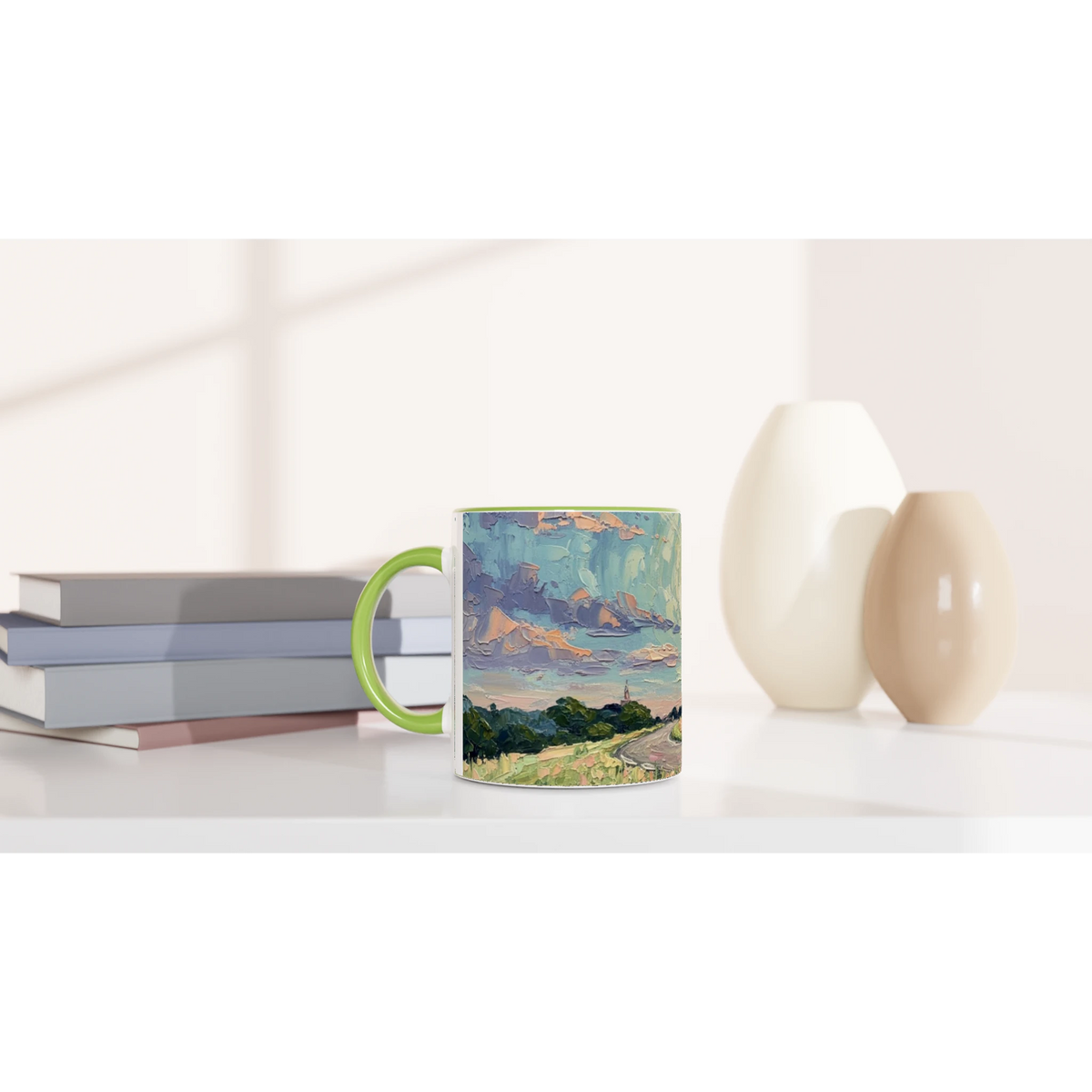 'MOON ON TOUR' white ceramic mug with color inside on a side table