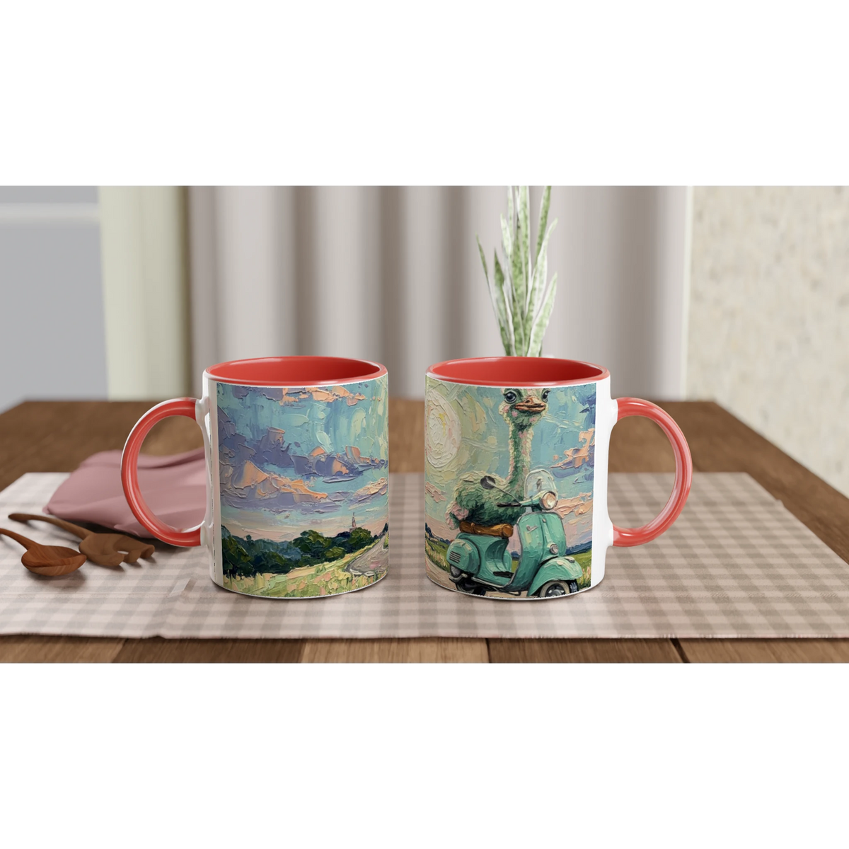 'MOON ON TOUR' white ceramic mug with color inside, red inside