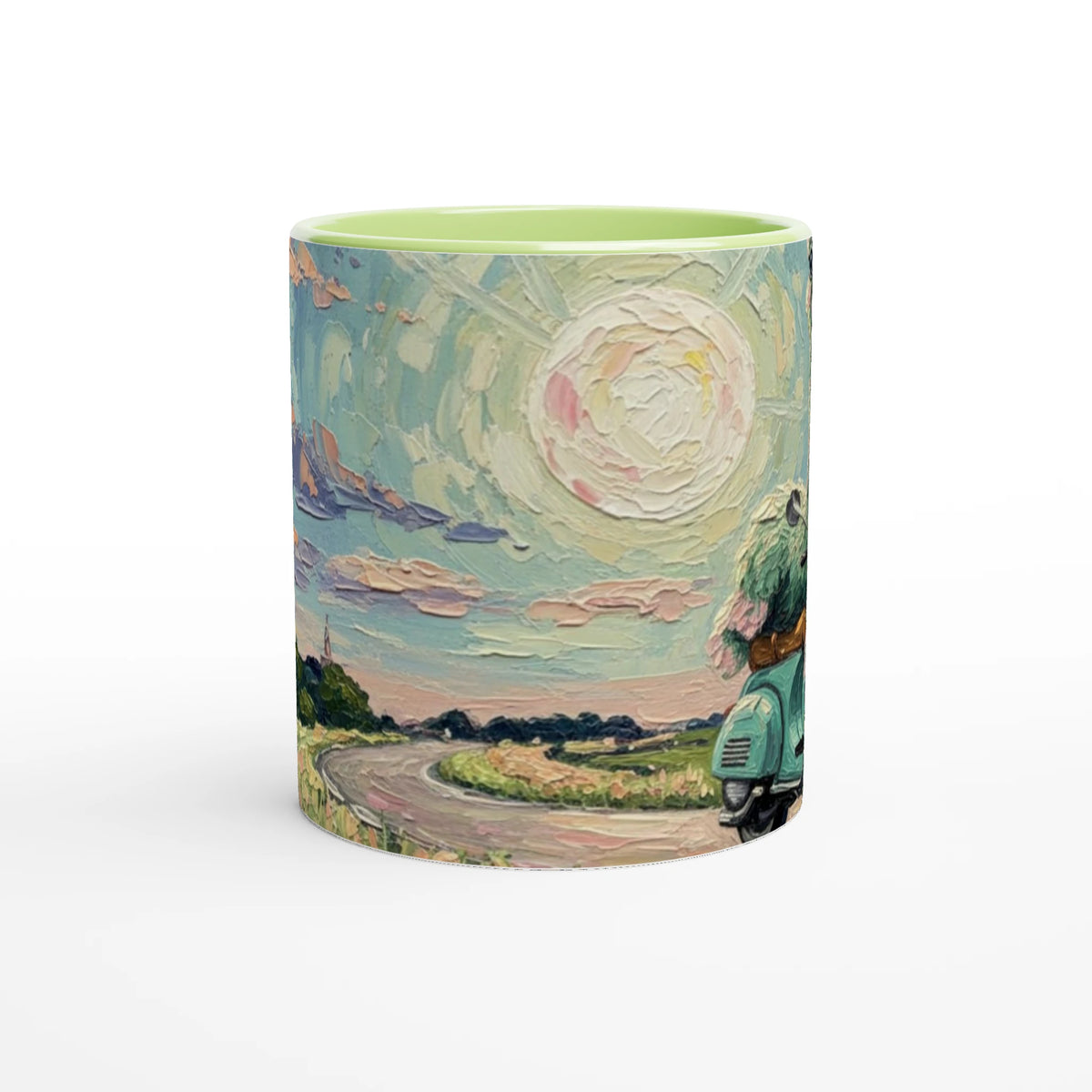 'MOON ON TOUR' white ceramic mug with color inside, side view