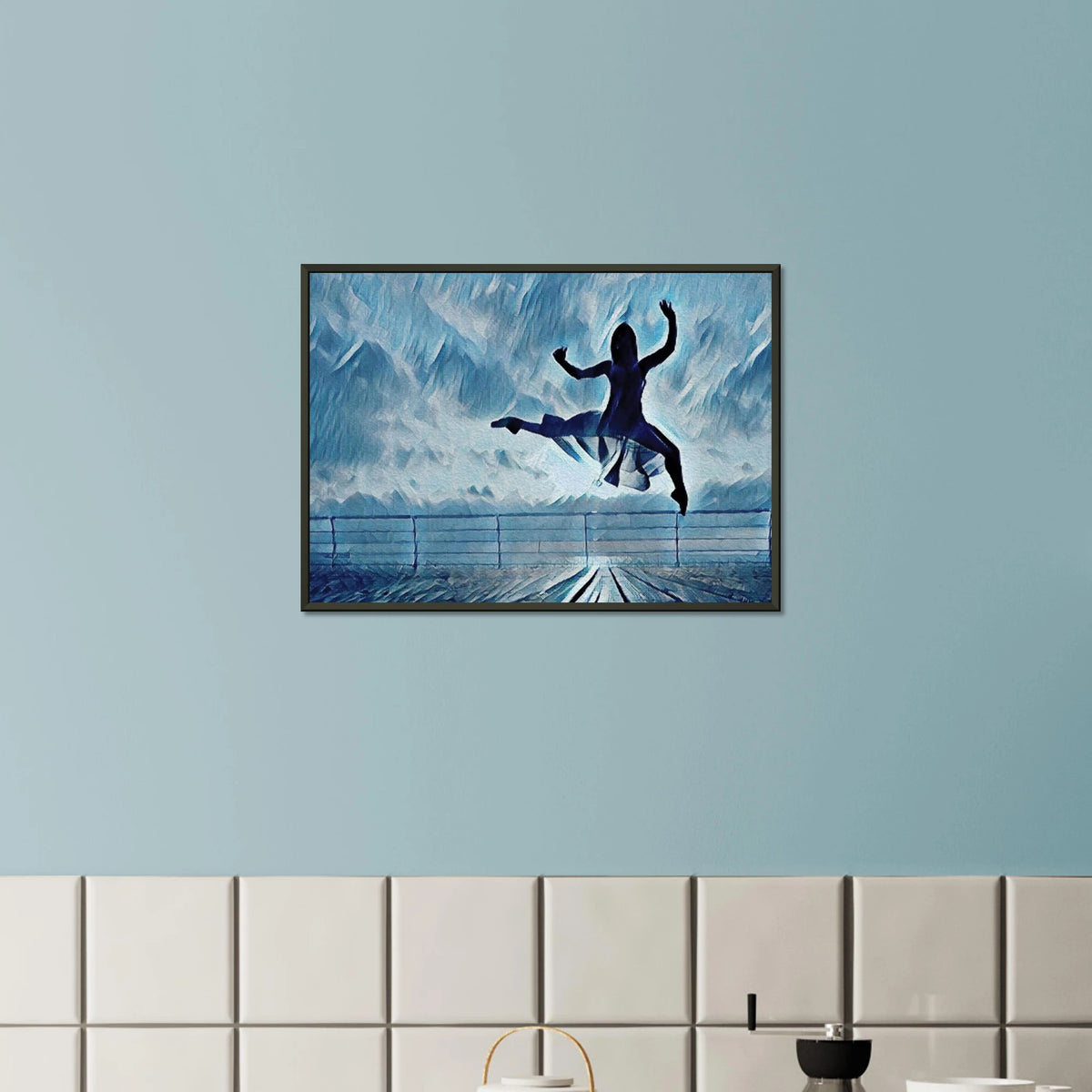 ‘Shadow of light’ framed fine art print displayed above a tiled wall.