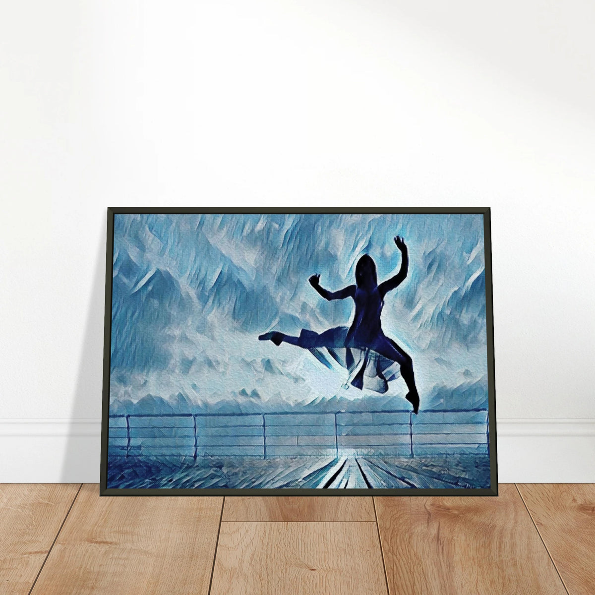 ‘Shadow of light’ framed fine art print styled on a wooden floor.