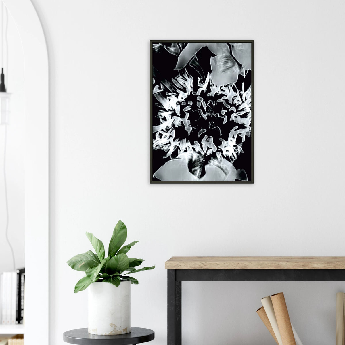 'TRAPPED' framed fine art giclée print above a side table
