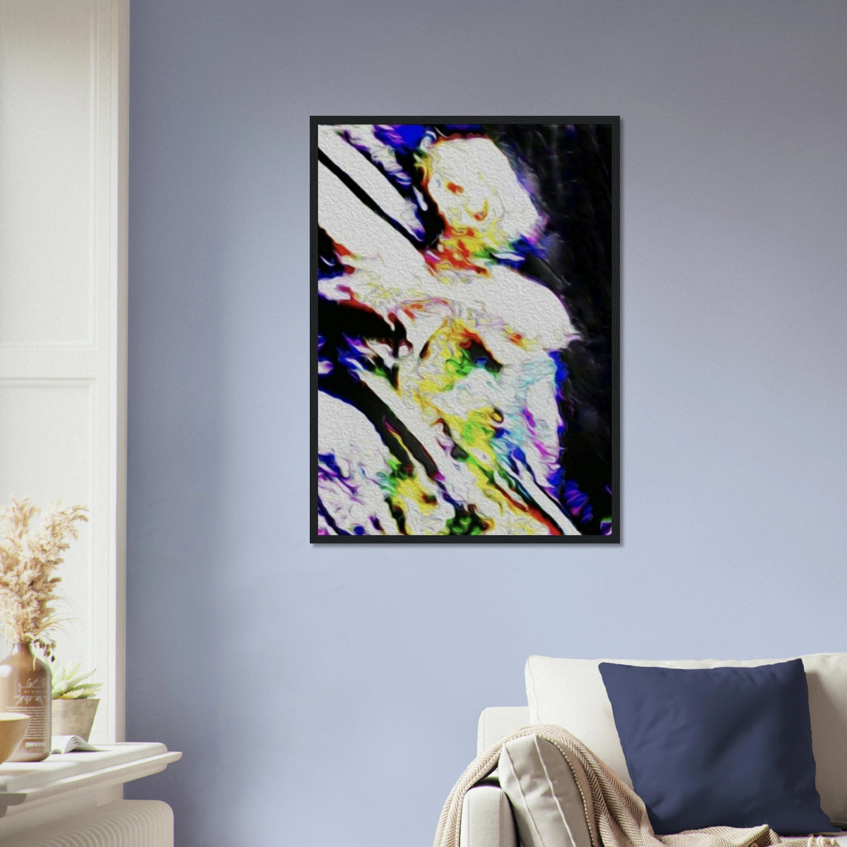 ‘Vamp’ framed fine art print displayed above an armchair