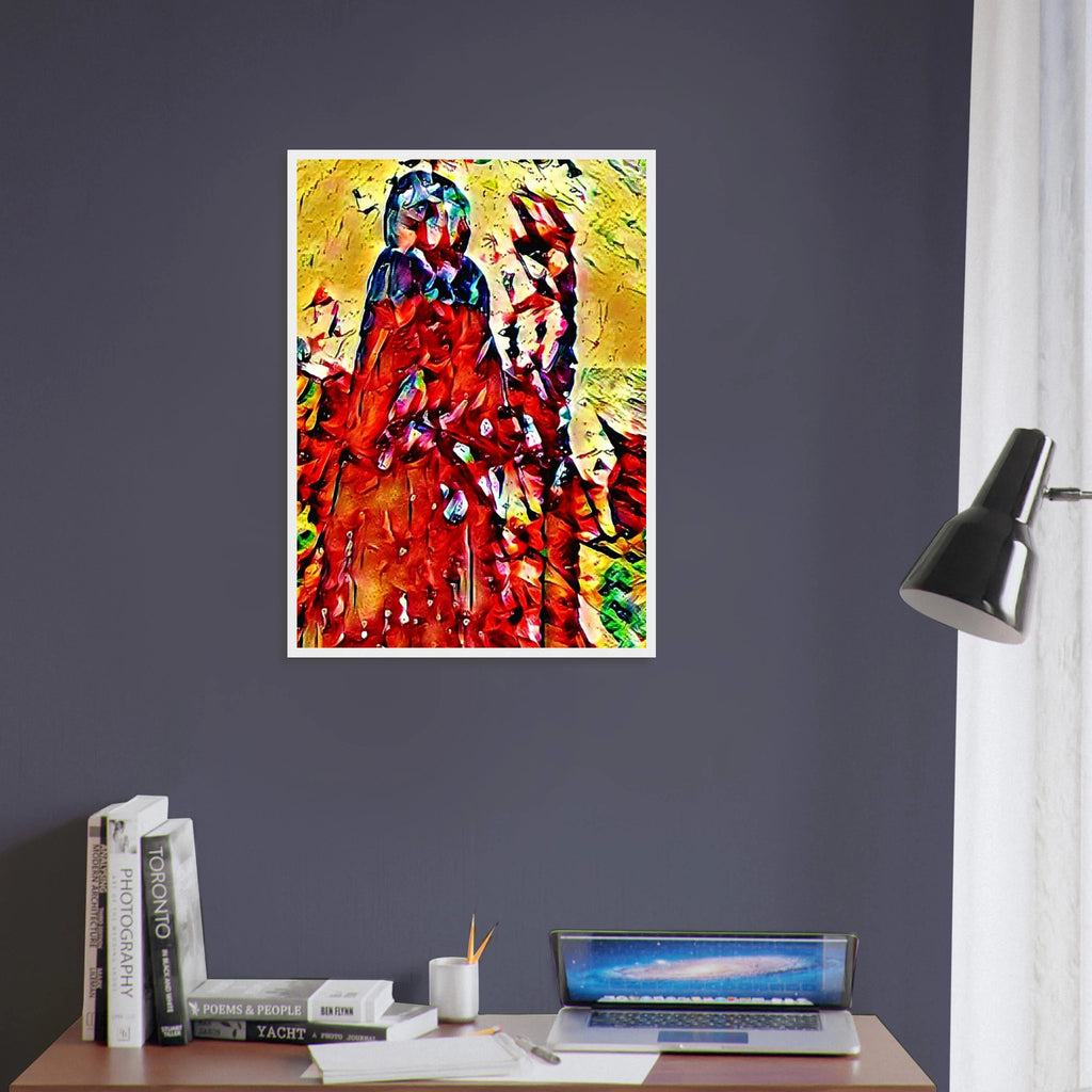'When we meet' colourful fine art print in a study with wooden floor