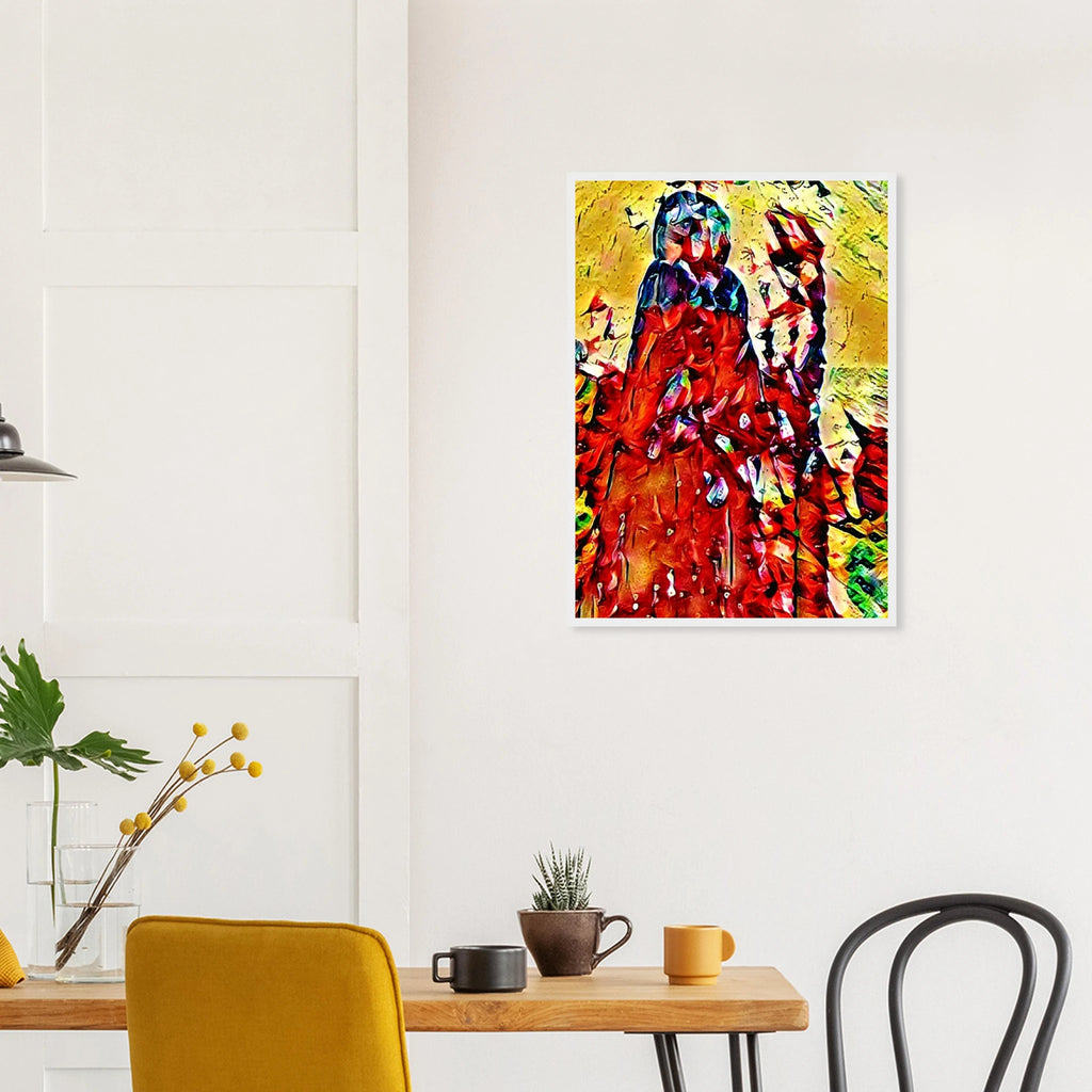 'When we meet' framed art print on the wall of a dining room with wooden floor