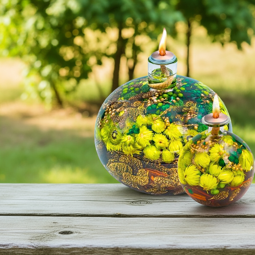 Glass oil lamp with dried green flowers, alternate product view